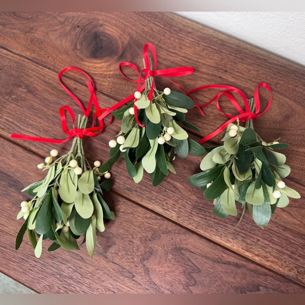 Crate & Barrel Faux Green Mistletoe set with Red Ribbon Accents- Set of 3